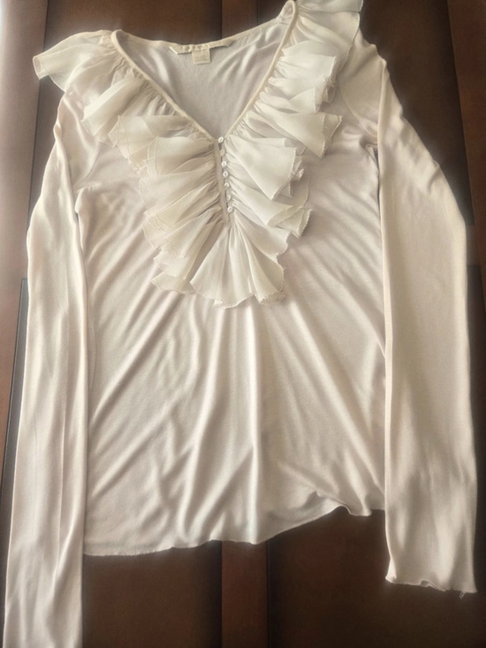 NOUGAT LONDON Silk Trim Ruffle Blouse in Light Beige Size Small/Medium